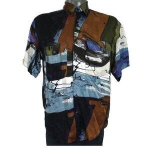Vintage 90s Goouch Abstract Art 100% Silk Festival Jazz Nu Wave Shirt Small